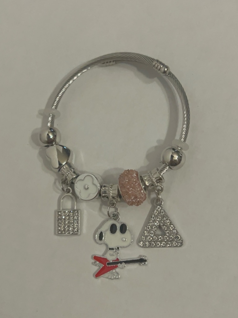 Silver Charm Bracelet with Snoopy Guitar & Sparkle Accents